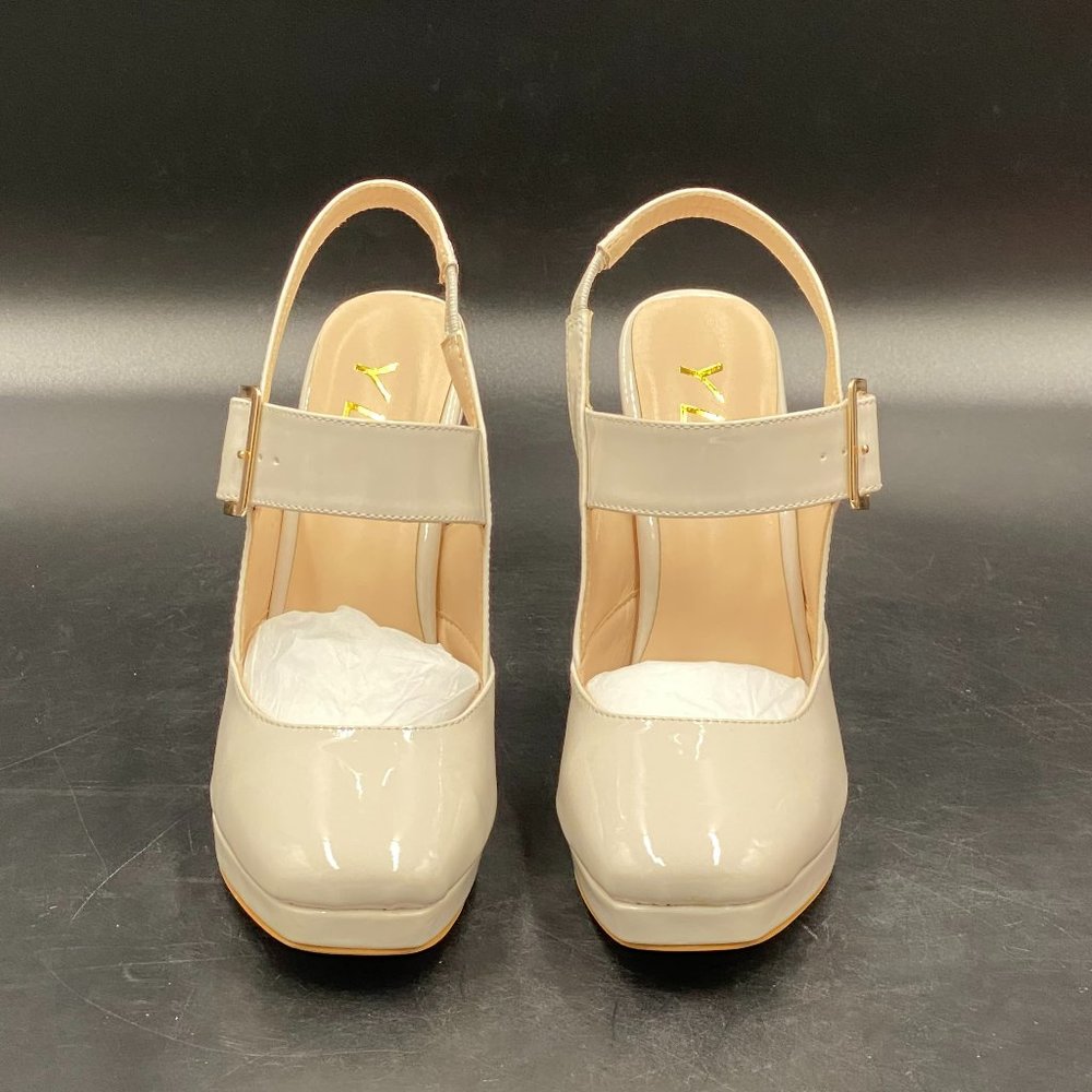 YDN beige patent leather almond toe platform chunky high heels ankle strap shoes